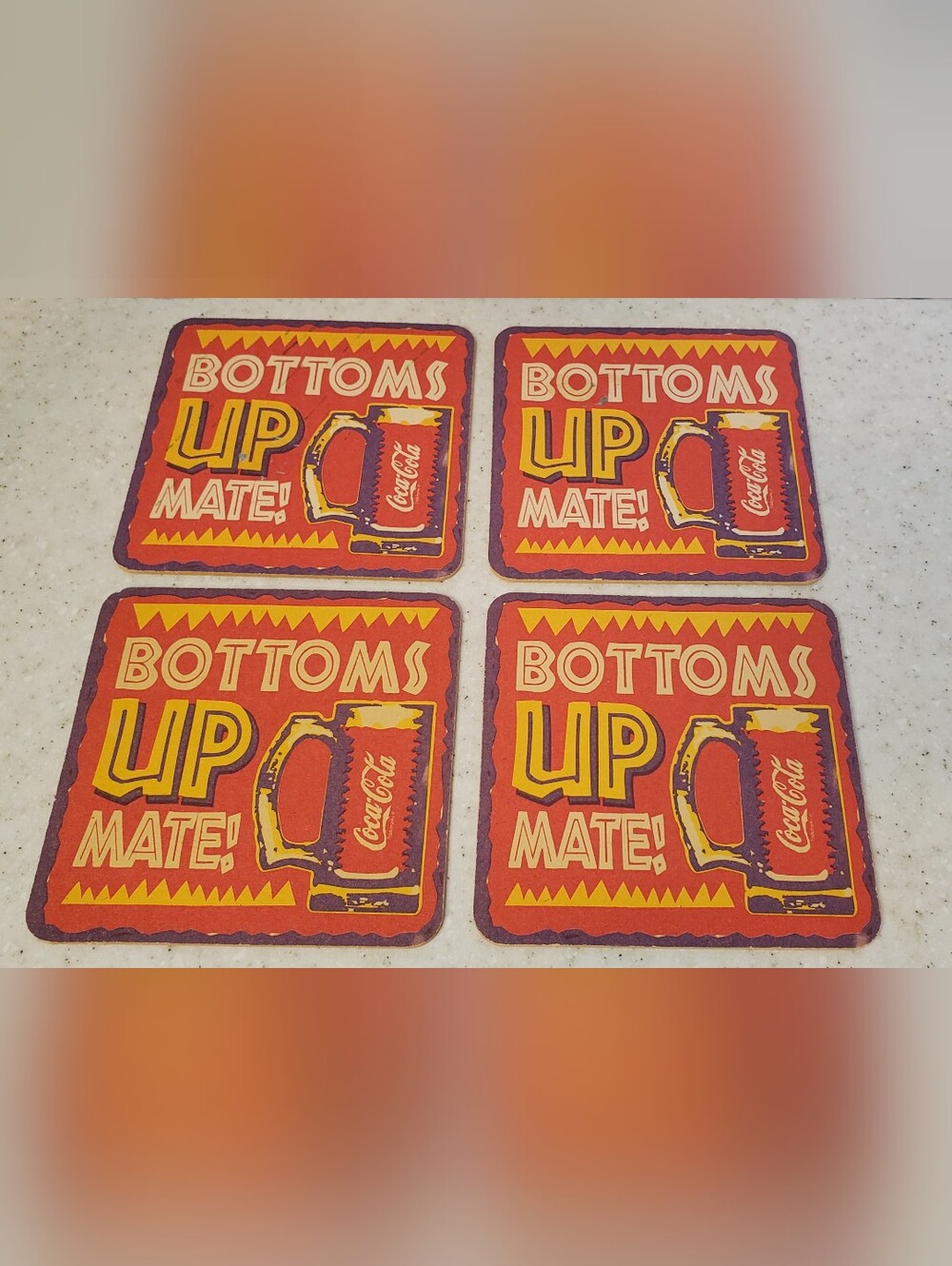 Vintage Coca-Cola Bottoms Up Mate Hi-C Pink Lemonade Coaster Set 4 Australia 4"